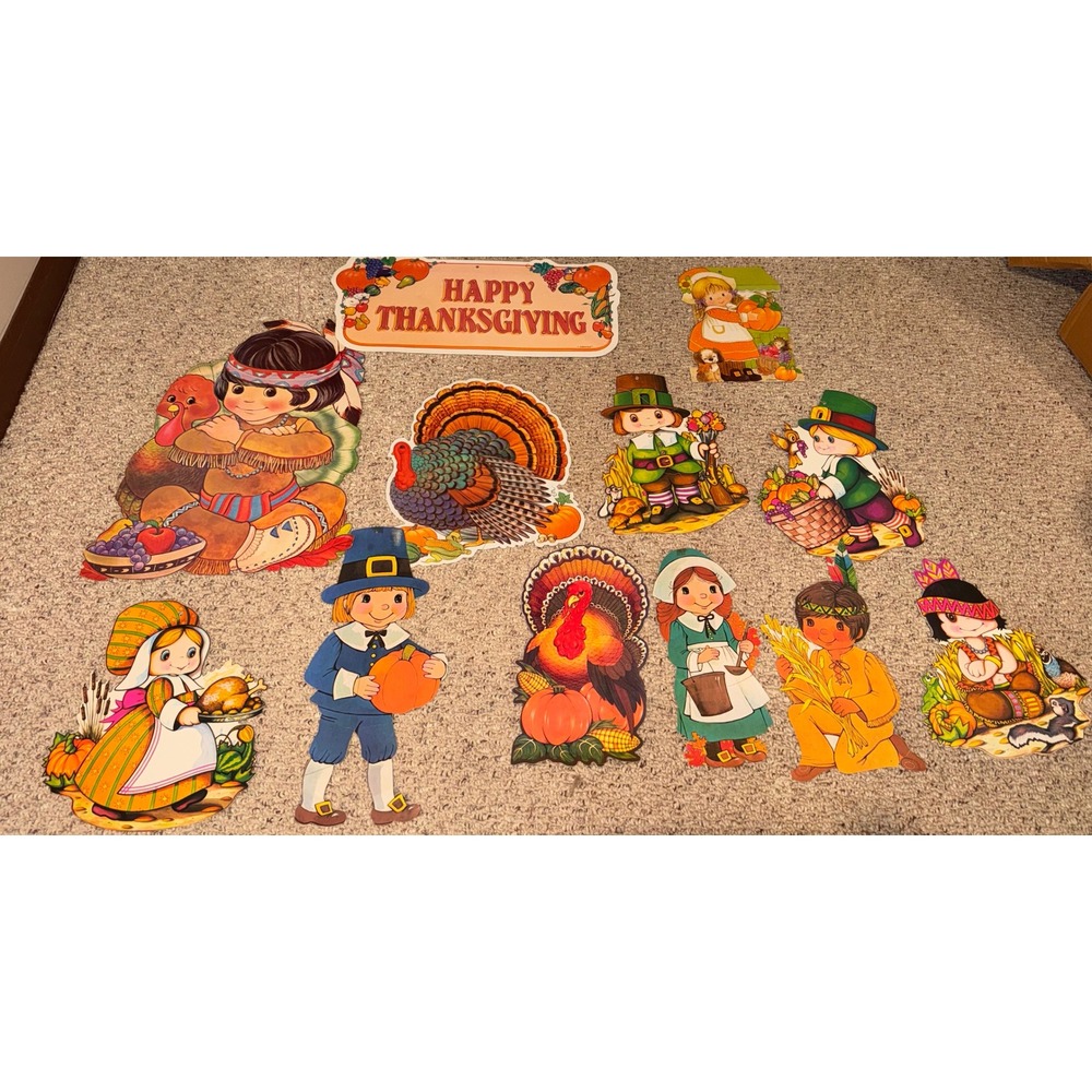 Vintage 1978 Beistle Thanksgiving Die Cut Decorations Lot 12 Pc Turkey Pilgrim